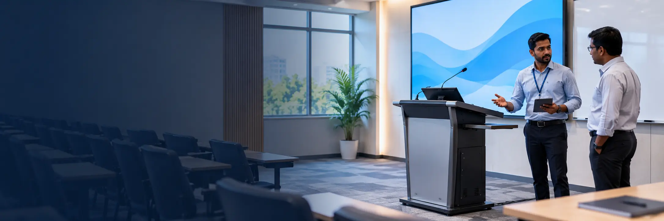 Digital podium consultation in a modern lecture hall in Bangladesh